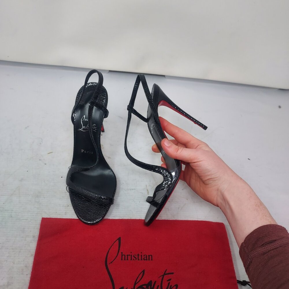 Christian Louboutin Black Patent Leather Slingback Sandals with Red Soles